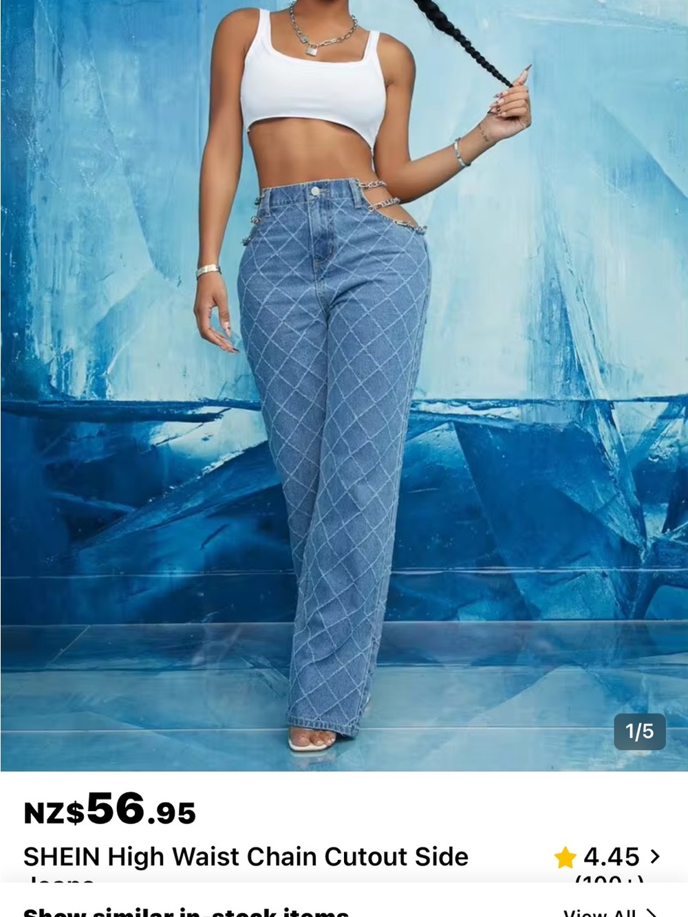 SHEIN Blue High-Rise Diamond quilted Jeans cut out w/chains.